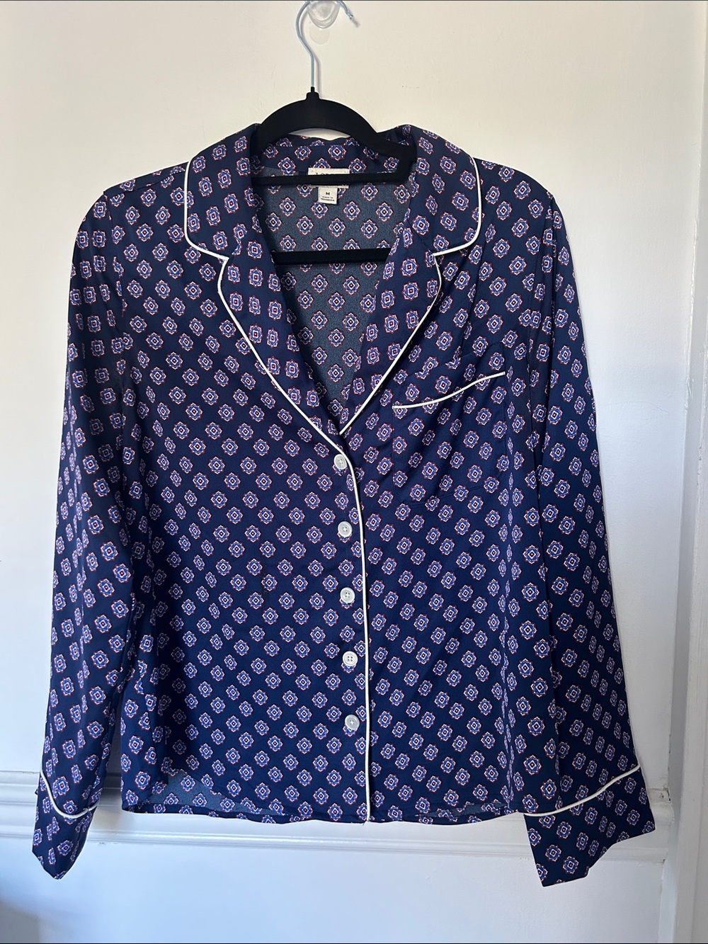J. Crew Navy Shirt with Red and White Geometric Print